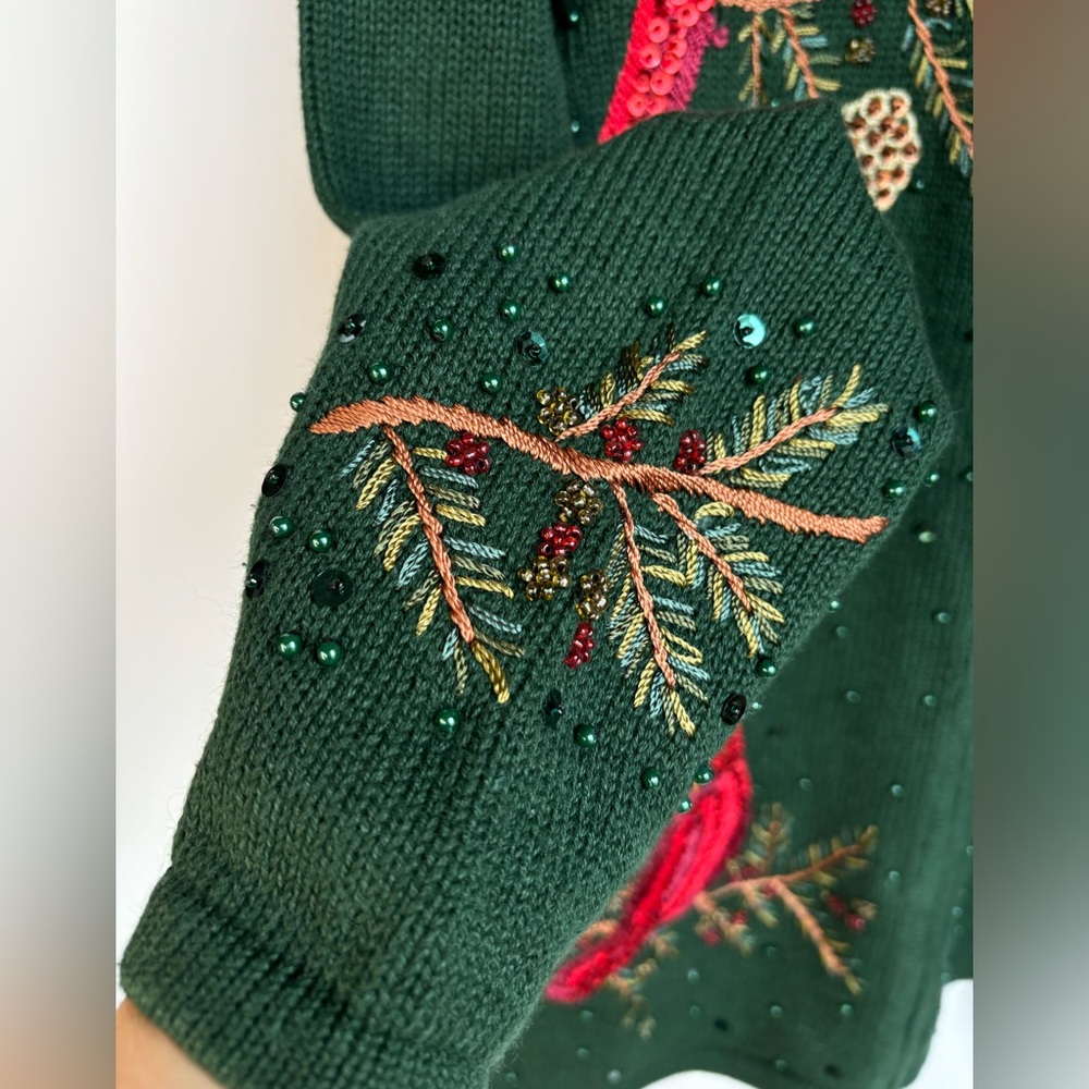 VTG Cardinal Winter Holiday Christmas Sweater Zip-up Cardigan Beaded Sequins Med - Picture 13 of 14